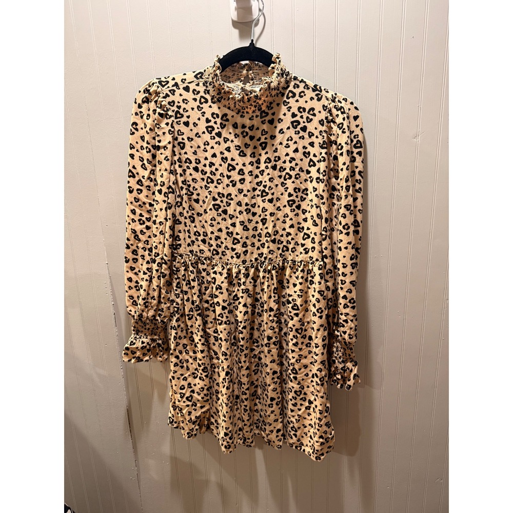 Miss Selfridge Heart Print Smocked High Neck Mini Babydoll Dress Tan Black US‎ 2